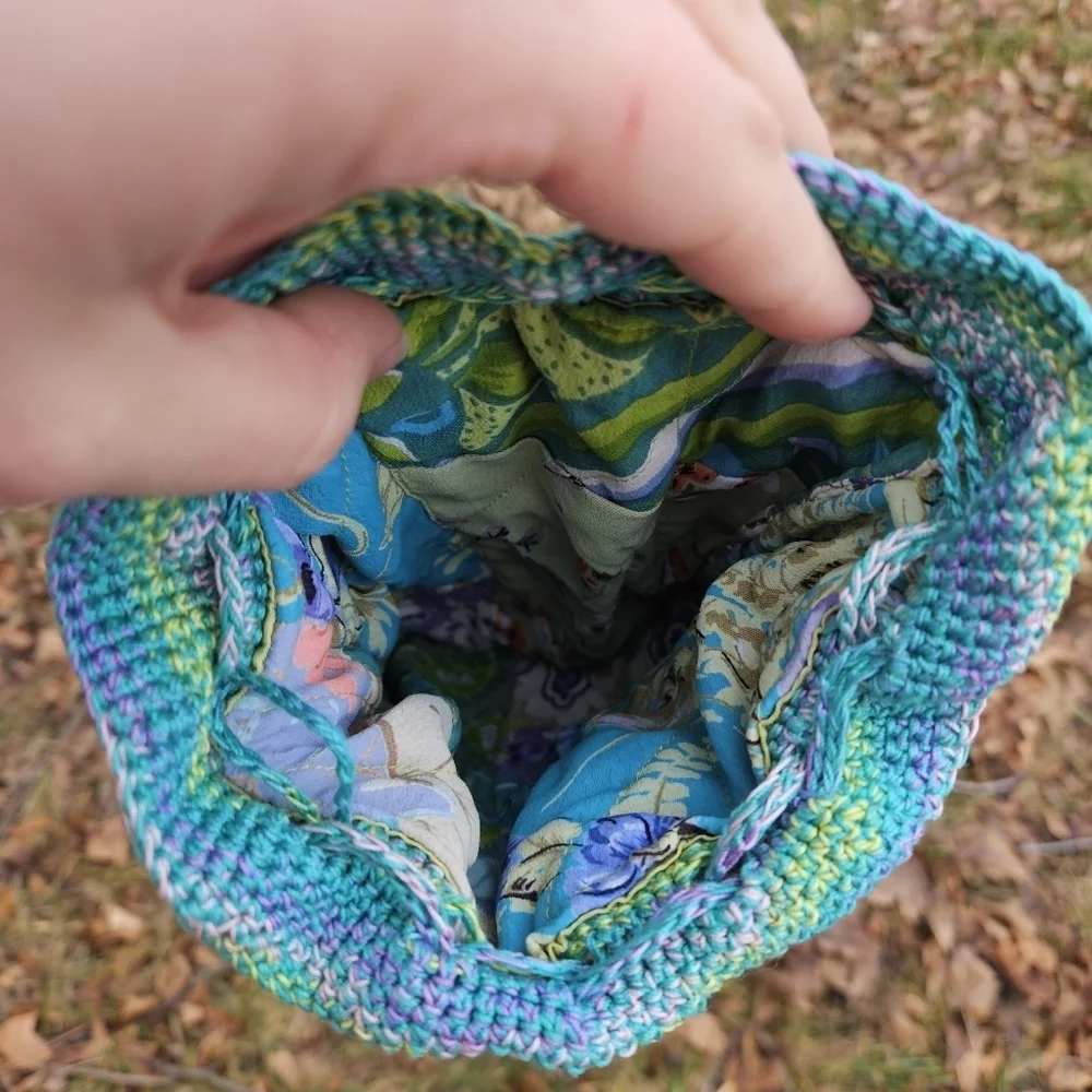 crochet beaded drawstring bucket clutch blue green purple